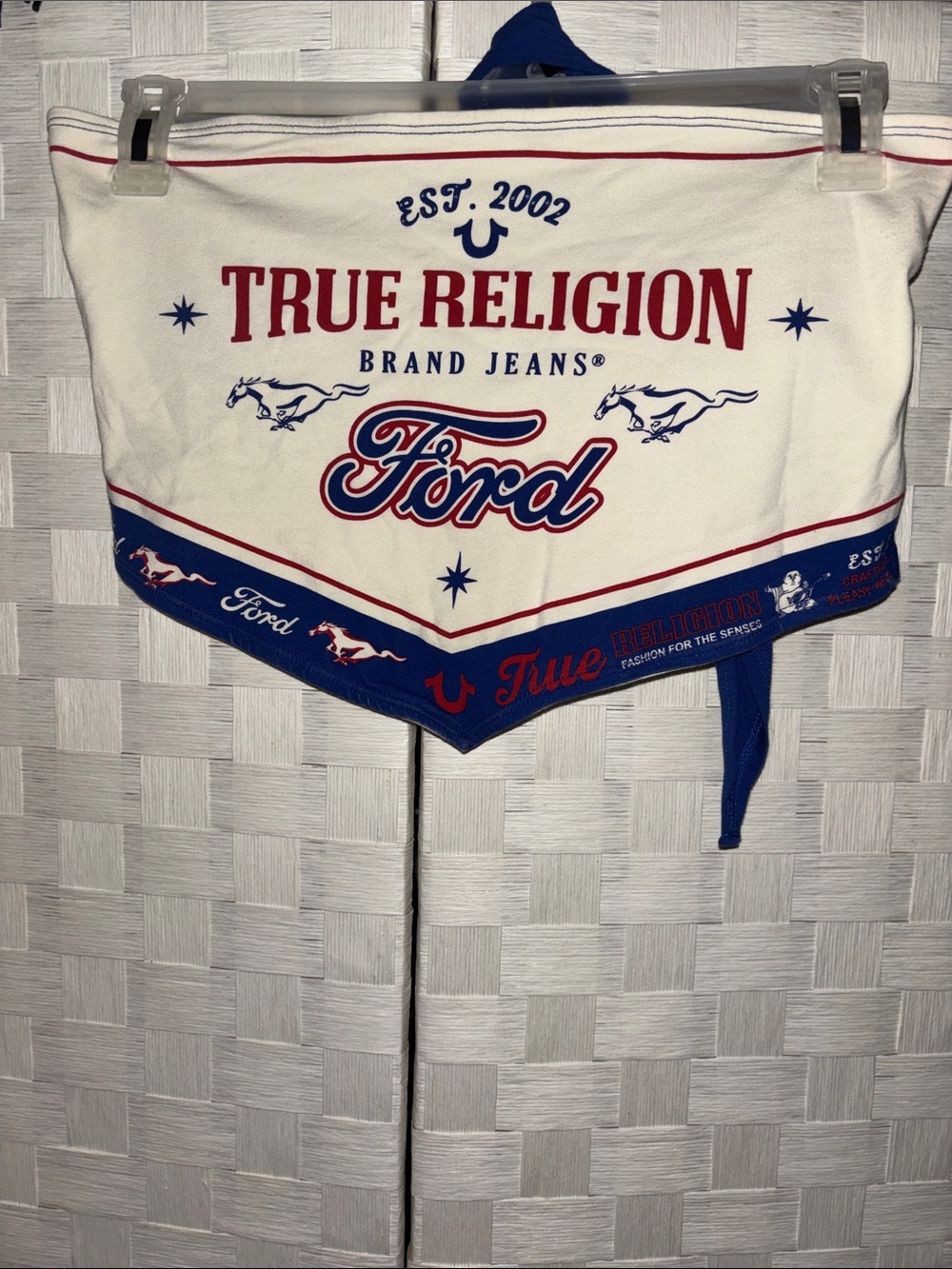 True Religion x Ford red, white, and blue strapless scarf top